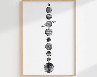 Solar System Wall Art, Black and White, Planets Printable, Space Poster, The Solar System Poster, Minimalist, Digital Download, Space Print