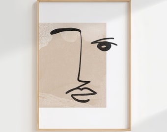 Abstract Face Print, One Line Drawing, Digital download, Continuous Line Face, Minimalist Black, White & Beige Modern Original Wall Art