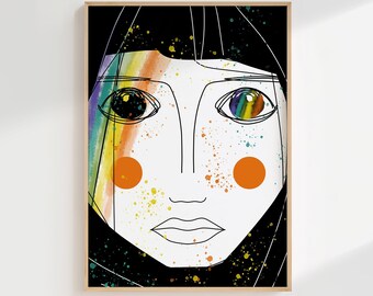Rainbow Face Printable Wall Art, Face Print, Woman Abstract Portrait, One Line Drawing, Female Face Digital download, Modern Wall Art