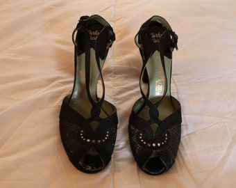 Late 1940's - Early 1950's Vintage  Black Sling Back High Heels with Rhinestones