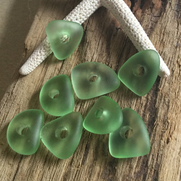 Peridot sea glass bead ~ large hole beach glass ~ cultured seaglass beads ~4 PC drilled glass ~ recycled green glass nuggets ~ glass pebbles