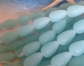 Sea glass Seafoam blue beads drilled teardrop beach glass 16x10mm cultured glass drilled frosted drop tumbled glass-beading supplies-jewelry