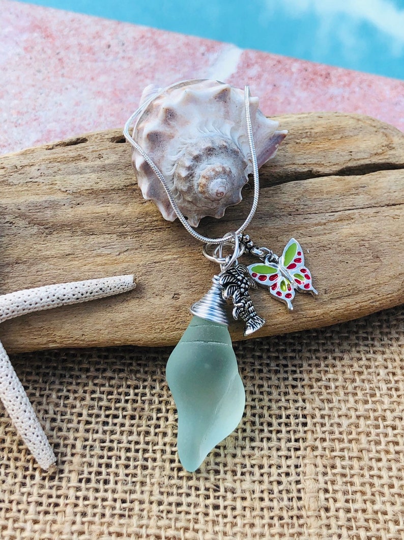 Sea Glass Shell Necklace dragonfly charm jewelry Palm tree | Etsy