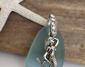 Sea glass bead -mermaid sea glass pendant beads -sea glass jewelry -beach glass beads -beach glass pendant -crystal bail-Seaglass bead