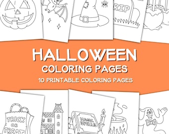 May include: Ten black and white printable coloring pages featuring Halloween themes, including a jack-o-lantern, a bat, a witch's hat, a tombstone, candy apples, a trick or treat bag, a haunted house, a magic spell book, a cauldron, and a ghost.