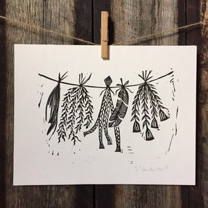 Sacred Herbs and Feathers Linocut Print