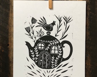 Lil’ Teapot House Linocut Print