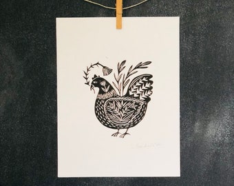 Folk Art Chicken Linocut Print