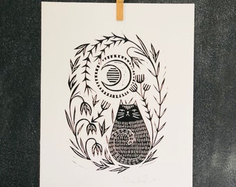 Moon Cat Linocut Print