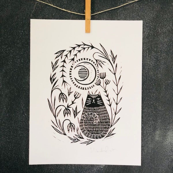 Moon Cat Linocut Print