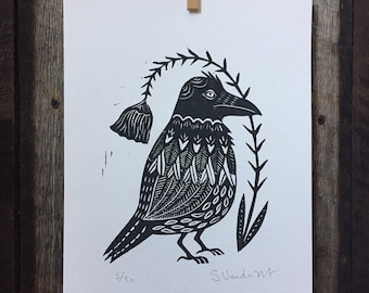 Raven Linocut Print