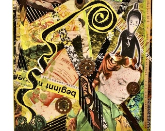 MENTAL : OOAK Antique Mixed Media Art on Wood Panel.