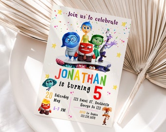May include: A colorful birthday invitation featuring characters from the movie Inside Out. The invitation is for Jonathan's 5th birthday party. The text on the invitation reads "Join us to celebrate Jonathan is turning 5. Saturday May 20 5-7 PM 123 Sweet ST. Southville Harrys Da 123 RSVP to Sophia 123.239.5678"