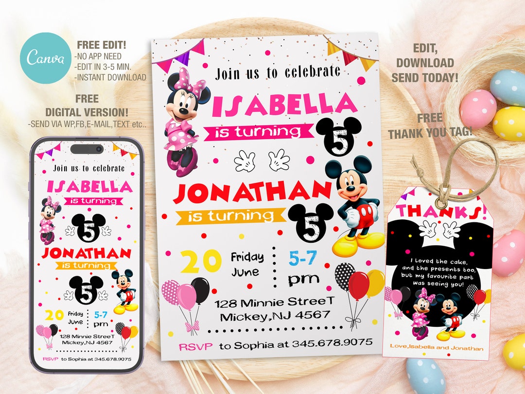 Editable Mickey and Minnie Birthday Invitation Template, Birthday Party ...