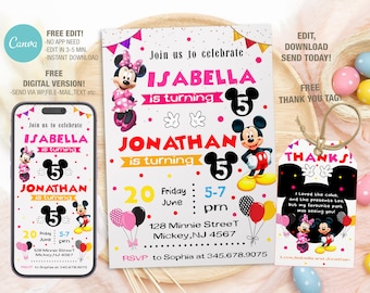 Modello modificabile per invito di compleanno di Topolino e Minnie, inviti per feste di compleanno, invito digitale per feste per bambini, biglietto di auguri di compleanno per ragazzi e ragazze