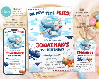 May include: A birthday invitation set featuring a cartoon airplane theme. The invitation includes a smartphone display, a main invitation, and a thank you tag. The text reads "Oh, How Time Flies!" and celebrates Jonathan's 1st birthday.