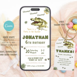 Invito di compleanno modificabile con coccodrillo mobile, Inviti per feste di compleanno, Invito per feste digitali per bambini, Biglietto Evite Bday con download istantaneo
