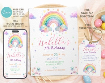 Editable Watercolor Rainbow Birthday Invitation Template, Printable Birthday Party Invitations, Digital Bday Party Invite Bday Card