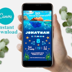 May include: A smartphone displays a digital birthday invitation with a Luca theme. The invitation features a blue underwater scene with the name "Jonathan" and the text "is turning 8." The Canva logo and "Instant Download" text are also visible.