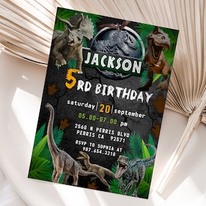 Modelo editável de convite de aniversário do Jurrassic World, convites para festas para impressão do Dinosaur Park, convite digital para festas infantis, cartão de aniversário Evite Bday