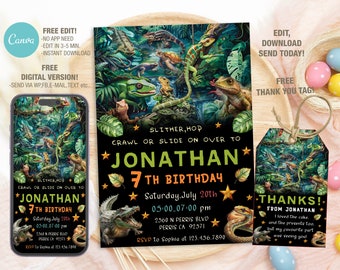 May include: A printable invitation for a 7th birthday party with a jungle theme. The invitation features a black background with green, yellow, and orange accents. It includes the text "Slither, Hop, Crawl or Slide on Over to Jonathan 7th Birthday" and details for the party, including the date, time, and location. The invitation also includes a thank you tag with the text "Thanks! From Jonathan I loved the cake and the presents too, but my favourite part was seeing you!"