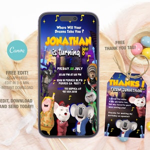 Editable Mobile Sing 2 Birthday Invitation Template, Sing Movie Birthday Party Invitations, Digital Kids Party Invite, Evite Bday Card