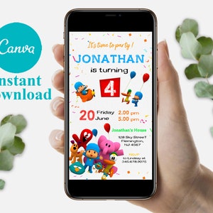 Bearbeitbare Pocoyo Geburtstagseinladungsvorlage, Einladungen zur Mobilen Geburtstagsfeier, Digitale Kinderparty einladen, Sofortiger Download Evite Geburtstagskarte