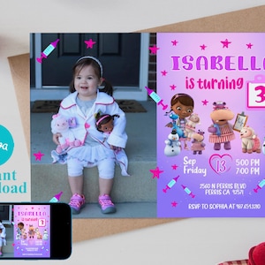 May include: A purple and pink birthday invitation with a photo of a young girl dressed as a doctor. The invitation features the text "ISABELLA is turning 3" and characters from the cartoon Doc McStuffins. The invitation includes the date, time, and location of the party.