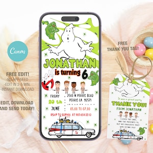 Modello di invito di compleanno di Ghostbusters mobile modificabile, inviti per feste di compleanno, invito a feste digitali per bambini, biglietto di compleanno Evite