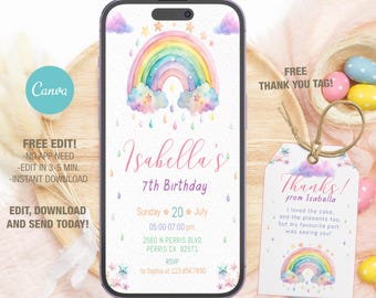 Watercolor Rainbow Birthday Invitation, Editable Mobile Invite (Digital)