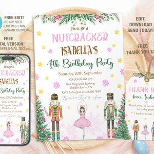 Modelo editável de convite de aniversário de quebra-nozes, convites de festa de aniversário para impressão, cartão digital de convite de aniversário