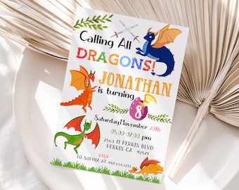 Editable Wish Dragon Birthday Invitation Template, Printable Fairy Dragon Birthday Party Invitations, Digital Kids Party Invite, Evite Card