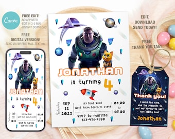 May include: A digital invitation for a birthday party with a space theme. The invitation features Buzz Lightyear and a cat from the movie Lightyear. The invitation is for Jonathan's 4th birthday party. The invitation includes the date, time, and location of the party. It also includes an RSVP number.