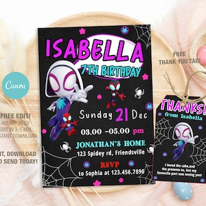 Editable Ghost Spider Birthday Invitation Template, Printable Spidey Gwen Birthday Party Invitations, Digital Bday Party Invite Bday Card