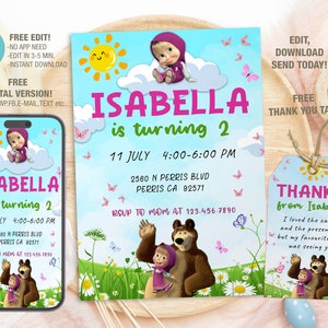 Modello modificabile di invito di compleanno di Masha e Orso, inviti per feste di compleanno stampabili, biglietto di invito per feste di compleanno digitali