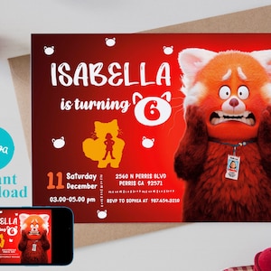 Bearbeitbare Turning Red Geburtstagseinladung Vorlage, druckbare Einladungen zur Geburtstagsfeier, Digitale Kinder Party einladen, Jungen und Mädchen Geburtstagskarte