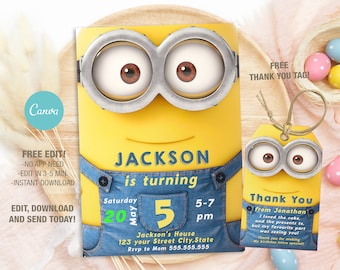 Editable Minion Birthday Invitation Template, Printable Birthday Party Invitations, Digital Kids Party Invite Template, Evite Bday Card