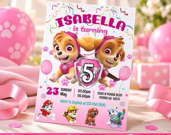 Bewerkbare Paw - Ty Sky verjaardagskaart uitnodiging, printbare verjaardagsfeest uitnodigingen, digitale kinderfeest uitnodiging, verjaardagskaart