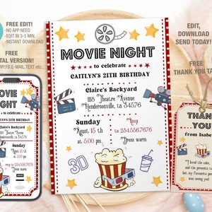 Editable Movie Night Invitation Template, Printable Birthday Party Invitations, Digital Party Invite Template