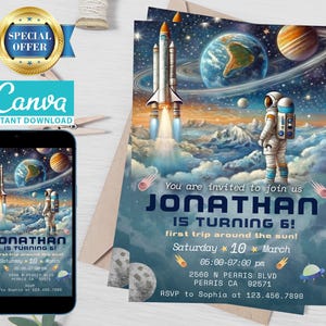 Puede incluir: Un diseño de invitación con temática espacial con un cohete, un astronauta y planetas. El texto dice "¡Jonathan cumple 6 años!" El diseño se muestra en un teléfono inteligente y una tarjeta impresa.