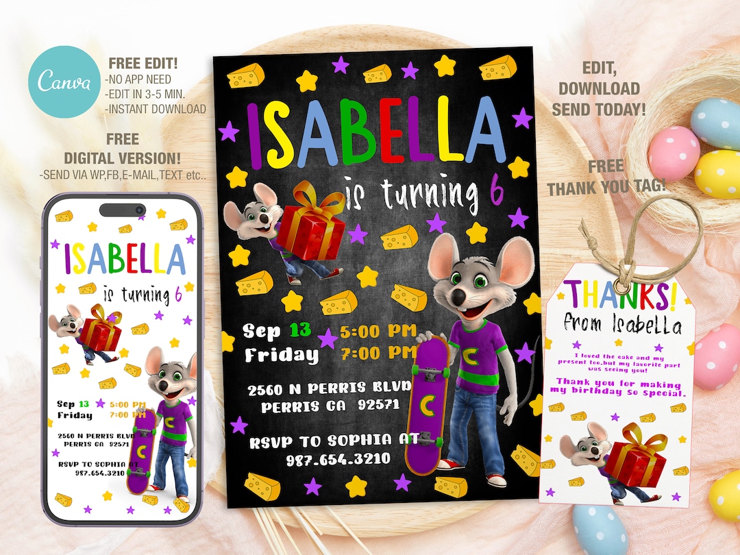 Editable Chuck E Cheese Birthday Invitation Template, Printable ...