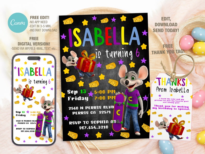 Editable Chuck E Cheese Birthday Invitation Template, Printable ...