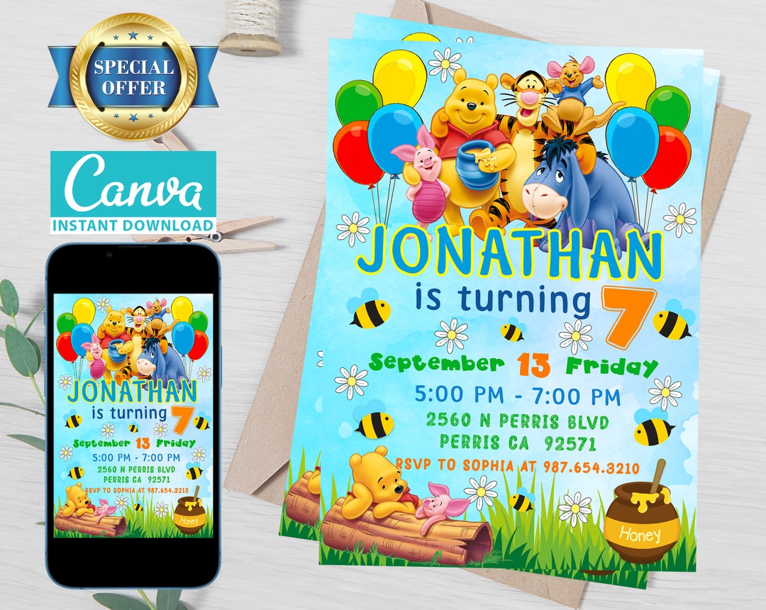 Editable Winnie the Pooh Birthday Invitation Template, Printable ...