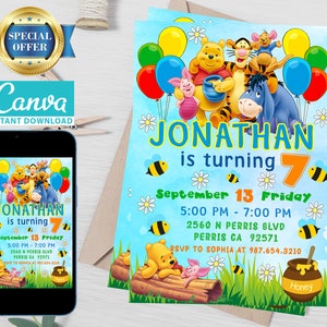 Plantilla editable de invitación de cumpleaños de Winnie The Pooh, invitaciones de fiesta de cumpleaños imprimibles, tarjeta de cumpleaños de invitación a fiesta digital para niños