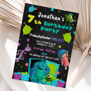 Bearbeitbare Geburtstagseinladungsvorlage von Monsters Inc, druckbare Geburtstagsfeiereinladungen, digitale Geburtstagsparty einladen, Einladungskarte zum Geburtstag
