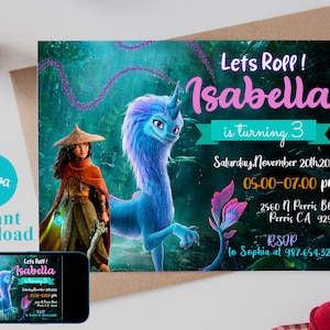 Op de afbeelding: Een turquoise en paarse verjaardagsuitnodiging met een cartoonafbeelding van een meisje en een blauwe draak. De tekst luidt "Lets Roll! Isabella wordt 3. Zaterdag 20 november 2022. 17:00-19:00 uur. 2560 N Perris Blvd. Perris CA 92571. RSVP aan Sophia op 987.654.3210."