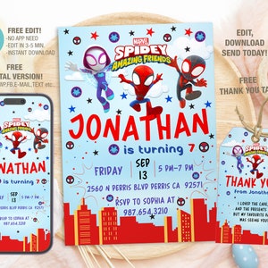 Modelo editável de convite de aniversário do Aranha e seus amigos incríveis, convites para festa de aniversário para impressão, cartão de aniversário digital para crianças