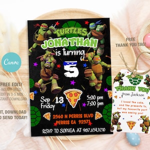 Plantilla de invitación de cumpleaños de las Tortugas Ninja editable, invitaciones para fiestas de cumpleaños imprimibles, plantilla de invitación digital para fiestas infantiles