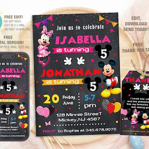 Puede incluir: Una invitación imprimible para una fiesta de cumpleaños con temática de Mickey Mouse. La invitación presenta los personajes de Mickey Mouse y Minnie Mouse, globos y el texto "Únete a nosotros para celebrar Isabella y Jonathan que cumplen 5 años".