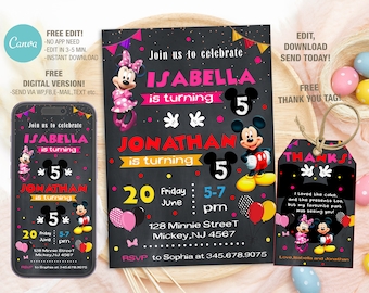 Editable Mickey And Minnie Birthday Invitation Template, Printable Birthday Party Invitations, Digital Boys & Girls Siblings Party Invite